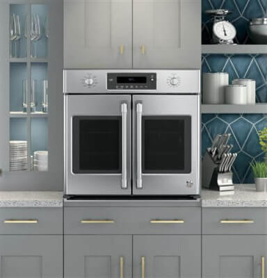 GE French Door Oven shown installed in grey cabinetry.